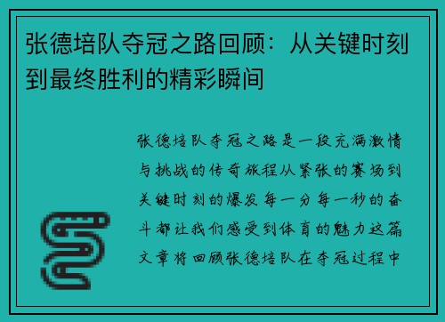 张德培队夺冠之路回顾：从关键时刻到最终胜利的精彩瞬间